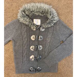 Vintage Justice Sweater Girls 8 Cardigan Fur Collar Cable Knit Toggle Button Y2K